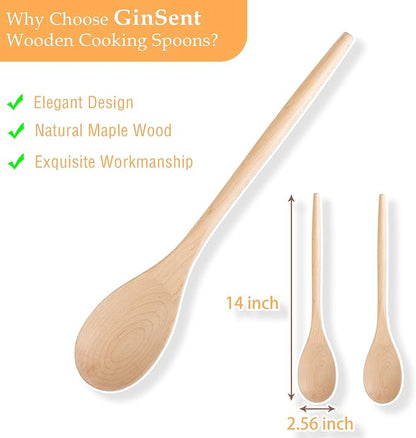 2PCS Wooden Cooking Spoons, 14 Inch Maple Wooden Spoons for Cooking or Mixing Salad, Wooden Spoons Cooking for Stirring Sauce Soup Nonstick Spoon Kitchen Serving Utensil Long Handle with Smooth Finish