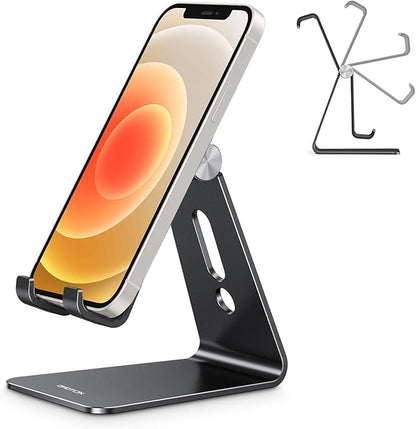OMOTON Adjustable Cell Phone Stand, C2 Aluminum Desktop Phone Holder Dock Compatible with iPhone 15 14 13 Xs XR 8 Plus 7 6, Samsung Galaxy, Google Pixel, Android Phones, Black