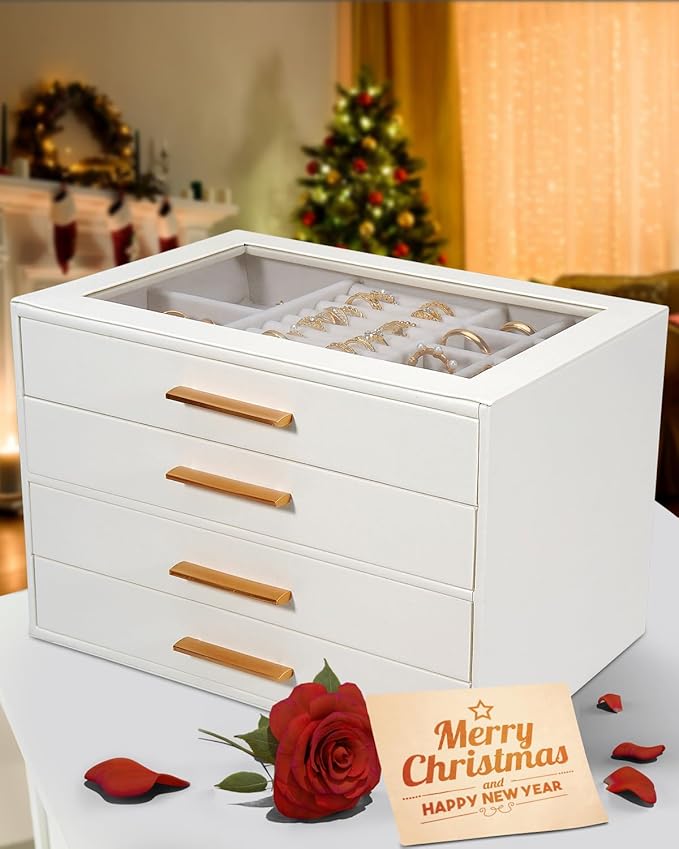 GUOER Jewelry Box for Women 4 Layers, Glass Lid Jewelry Organizer with 4 Drawers Cloud White PU Jewelry Storage Case for Necklaces Rings Earrings Bracelets
