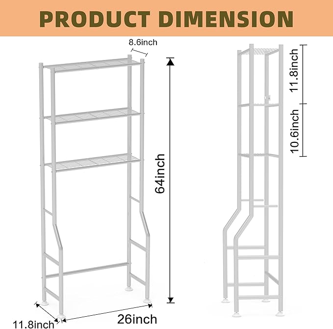 Livilord 3-Tier Over The Toilet Storage Rack, Space Saver Metal Bathroom Shelves, Freestanding Over Toilet Bathroom Organizer for Bathroom/Living Room (White)