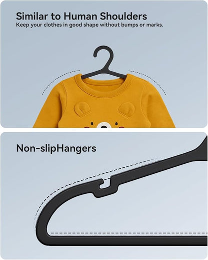 Plastic Kids Hangers, Pack of 60, Ultra Slim Closet Hangers, Non-Slip, Space-Saving, Sturdy, 14" W x 7" H (for Children Aged 7-12 Years), Black, UAPY0760B