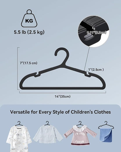 Plastic Kids Hangers, Pack of 60, Ultra Slim Closet Hangers, Non-Slip, Space-Saving, Sturdy, 14" W x 7" H (for Children Aged 7-12 Years), Black, UAPY0760B