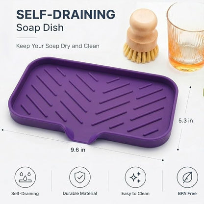MicoYang Silicone Soap Dish with Drain Spout — Self-Draining Sink Organizer Tray for Bathroom & Kitchen, Sponges, Dispensers & Soap Holder, Non-Slip & Dishwasher Safe, Purple (Medium, 9.6"×5.3")