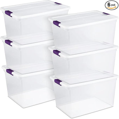 Sterilite 6-Pack Plastic Storage Bin w/ Latch Lid, ClearView Stackable Containers, 66 Qt