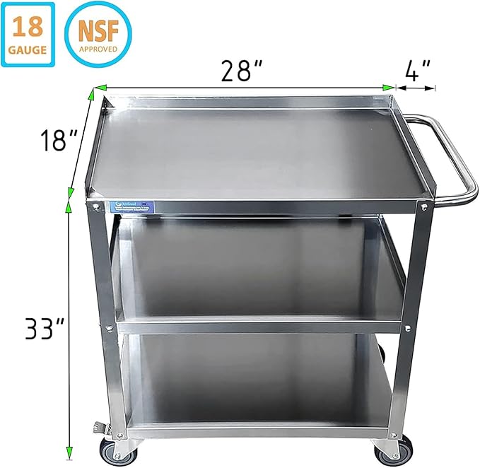Commercial Stainless Steel 3-Shelf Utility Kitchen Cart – 28" x 18" x 33" | Rolling Metal Storage Cart with Casters for Restaurant, Kitchen, Garage