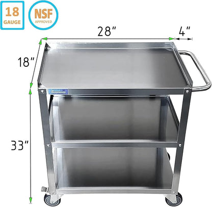 Commercial Stainless Steel 3-Shelf Utility Kitchen Cart – 28" x 18" x 33" | Rolling Metal Storage Cart with Casters for Restaurant, Kitchen, Garage