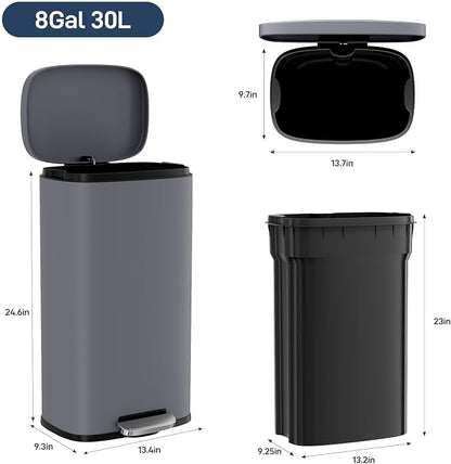 Arlopu 8 Gallon Step Trash Can, Stainless Steel Garbage Bin, Soft-Close Rubbish Bin with Removable Plastic Inner Bucket, Fingerprint-Proof, Lid Dustbin, Suit for Kitchen Home (Grey, 30L)