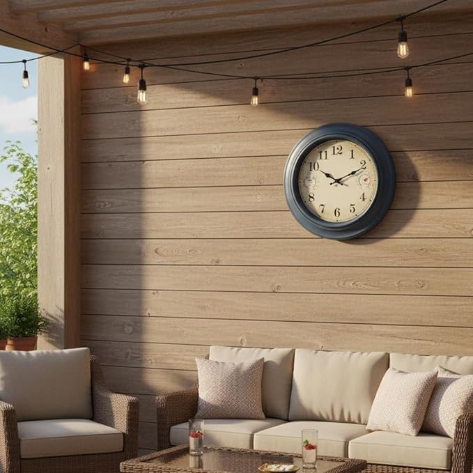 18 Inch Large Outdoor Clock with Thermometer & Hygrometer – Blue Vintage Farmhouse Decor Wall Clock Waterproof for Patio, Garden, Pool, Porch