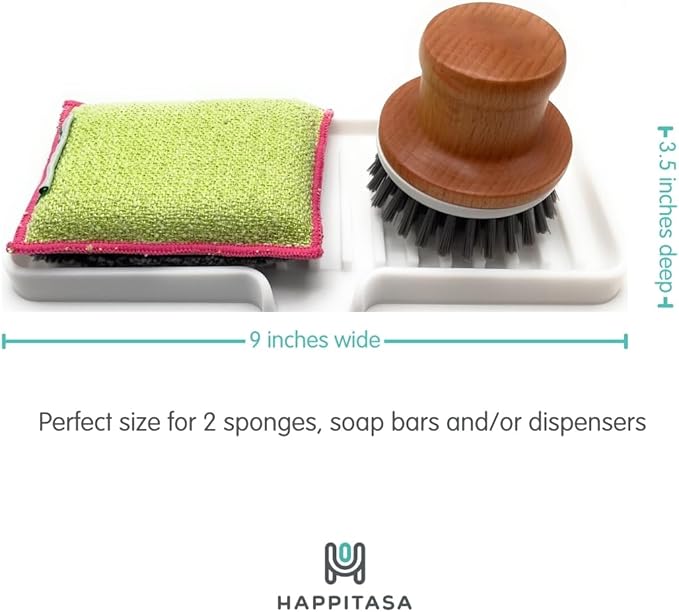 Happitasa Silicone Soap Dish Tray and Sponge Holder with Drain Chute | Bathroom and Kitchen Sink Organizer Caddy (Black, 9"x3.5", 5.6 Ounces)