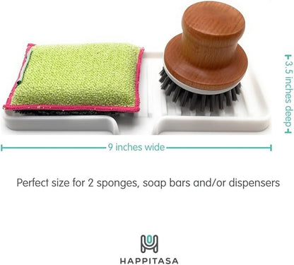 Happitasa Silicone Soap Dish Tray and Sponge Holder with Drain Chute | Bathroom and Kitchen Sink Organizer Caddy (Pistachio, 9"x3.5", 5.6 Ounces)