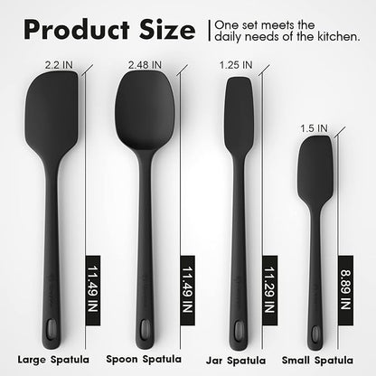 ChefAide 4 Pieces Silicone Spatula Set, Food Grade Rubber Spatula, Upgrade Strong Handle with Ergonomic Grip, Heat Resistant Up to 600°F for Nonstick Cookware, Cooking Baking Mixing, Black (SP4)
