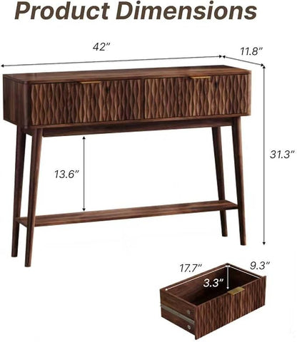 Console Table with Solid Wood Leg,Fluted Entryway Table with Storage Drawers, Mid-Century Modern Narrow Console Table for Living Room,Hallway,Walnut