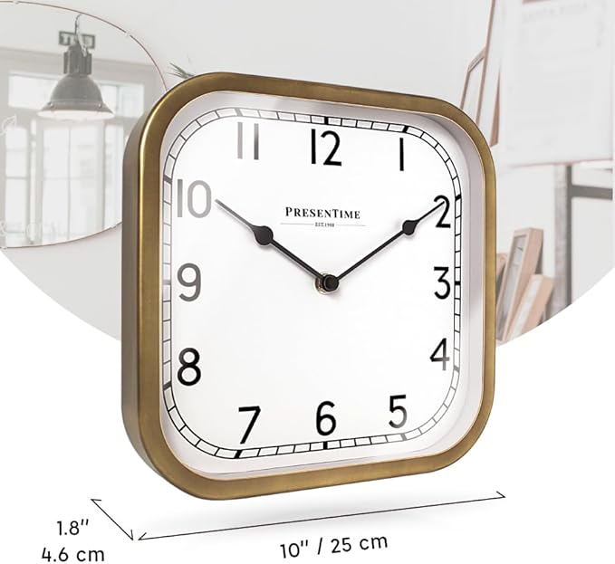 Presentime & Co 10" Anton Vintage Square Clock, Silent No Ticking, Wall & Mantel 2 in 1 Clock, Desk and Shelf Clock, Tabletop Décor, Antique Hamilton Gold