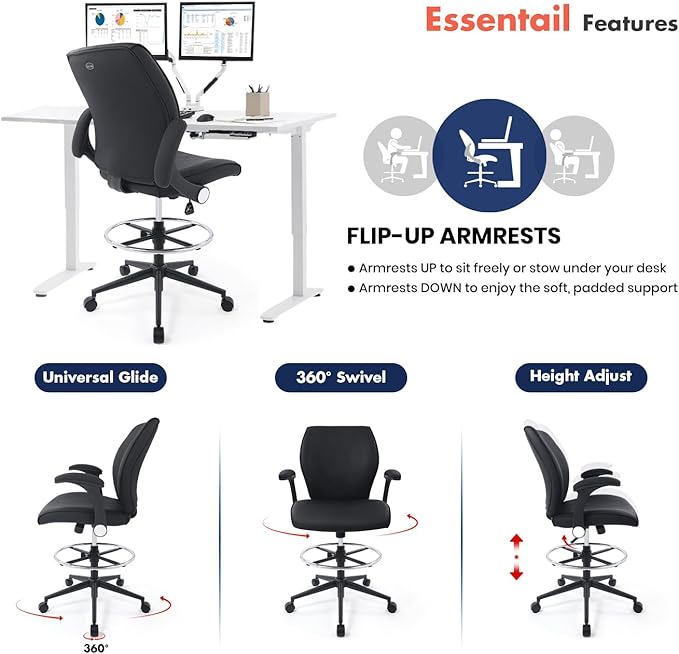 Ergonomic Adjustable Drafting Chair Extra Tall Office Stool for Standing Desk, Mid Back Faux Leather Counter Height Comfortable Bar High Roll Tilt Computer Chair with Flip Up Arms and Foot Ring, Black