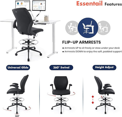 Ergonomic Adjustable Drafting Chair Extra Tall Office Stool for Standing Desk, Mid Back Faux Leather Counter Height Comfortable Bar High Roll Tilt Computer Chair with Flip Up Arms and Foot Ring, Black