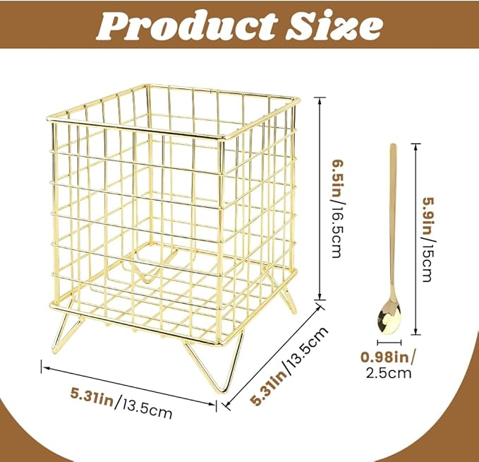 Countertop Organizer Coffee Pod Holder with Ice Tea Spoon, Modern Metal Storage Basket Tabletop Decorative Kitchen Office Bar Accessories for Hold K-cups Coffee Capsules Tea Bags(COLOR:Gold)