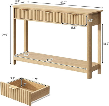 Fluted Console Table with Drawers, Modern 47.1" Entryway Table with Storage Shelf, Boho Narrow Skinny Behind Couch Wood Sofa Table for Living Room Hallway Entrance Foyer, Natural