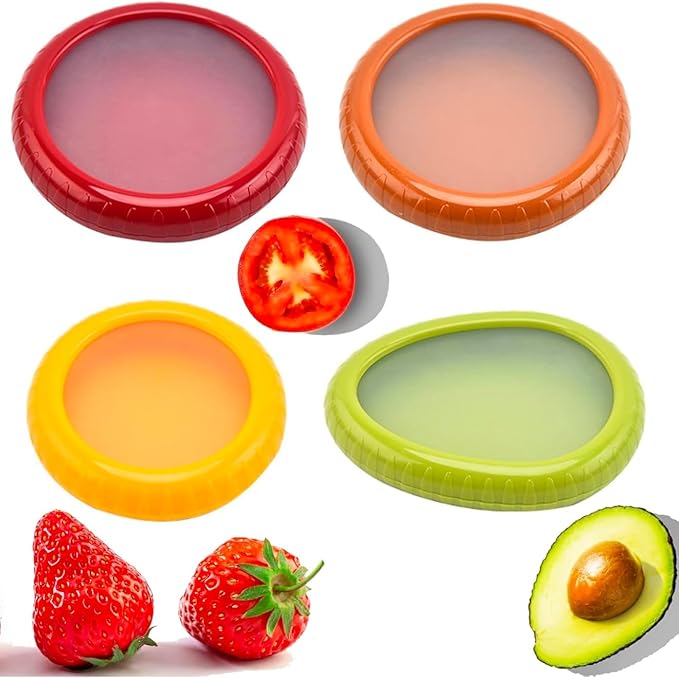 Silicone Fruit And Vegetable Containers For Fridge, Reusable For Food Storage, Fresh Stretch Pods For Food Saver (Green,Red,Yellow,Brown) - 4 Pieces