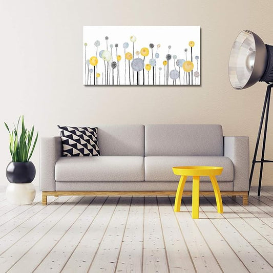 MHARTK66 Canvas Wall Art Abstract Dandelion Modern Minimalist Wall Decor – Neutral Yellow Gray Watercolor Paintings Stretched Ready to Hang Pictures for Living Room Bedroom Bathroom Home Office