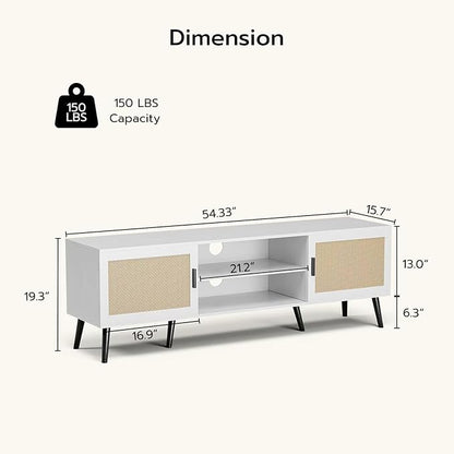 ZttRiee TV Stand for TVs up to 65'', Mid Century Modern Entertainment Center with Rattan Door, Shelves & 2 Cabinets, Boho Media TV Console for Living Room, Bedroom, White
