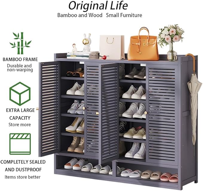 Bamboo Shoe Cabinet, 7-Tier Shoe Storage Cabinet with Doors, Freestanding Bamboo Shoe Rack Organizer with Shelves for Entryway, Hallway, Closet, Living Room