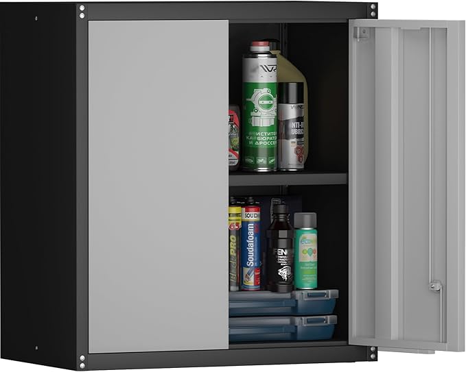 Garage Storage Cabinet,Garage Cabinets with 2 Doors.Locking Wall Cabinet with Adjustable Shelf,Wall Cabinets for Basement,Shop,School,Grey-Black