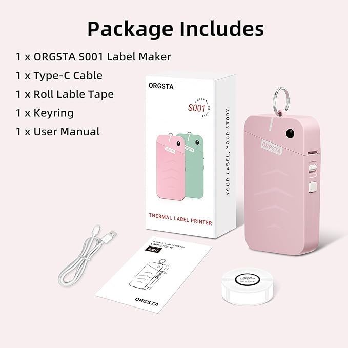ORGSTA Label Maker, S001 Portable Bluetooth Label Maker Machine with Tape, Thermal Label Printer for Home, Office, School Organization, Wireless Mini Labeler Machine, Pink