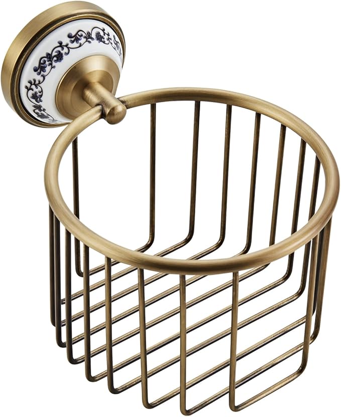 Vintage Wall-Mounted Toilet Paper Holder with Wire Basket Design, Antique Brass, Wall-Mounted Bath Hand Towel Holder with Ceramic Inlay, Vintage Style.