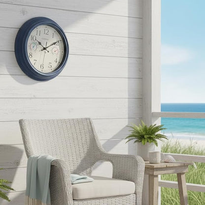 Outdoor Clock with Thermometer & Hygrometer Combo - Waterproof Vintage Coastal Decor Wall Clock for Patio, Pool, Garden, Backyard, Bathroom - 12 Inch, Blue