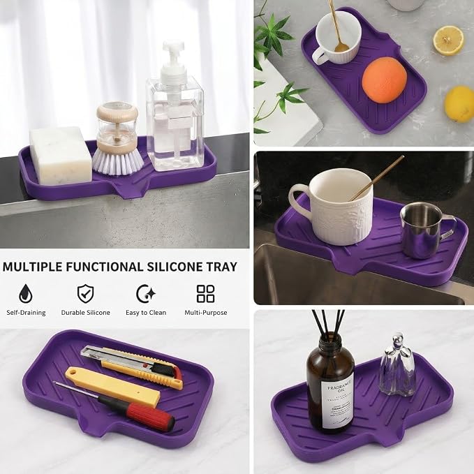MicoYang Silicone Soap Dish with Drain Spout — Self-Draining Sink Organizer Tray for Bathroom & Kitchen, Sponges, Dispensers & Soap Holder, Non-Slip & Dishwasher Safe, Purple (Medium, 9.6"×5.3")