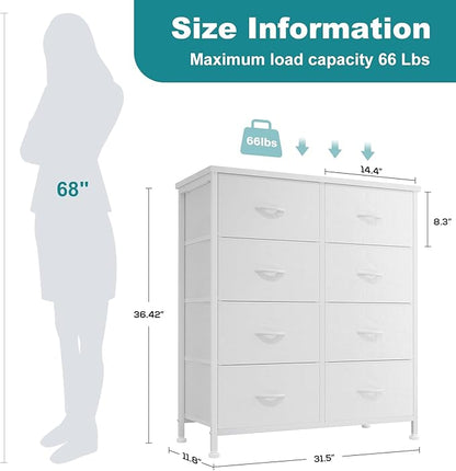 OLIXIS 8 Drawer Storage Dresser with Wood Top - Wide Fabric Chest Organizer for Bedroom, Closet, Living Room,Tower Cabinet, TV Stand, Hallway Entryway Furniture,White