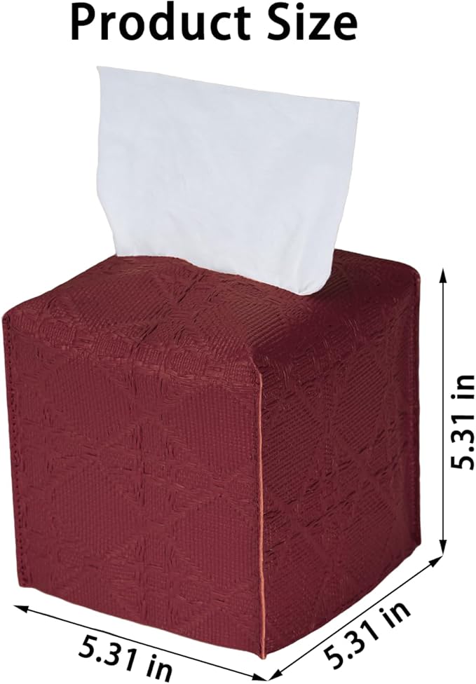 Tissue Box Cover 2-Pack, Square Tissue Holder with Bottom Belt, Modern Tissue Case Facial Paper Organizer Dispenser for Bathroom, Office, Home, Table, Car, Red, Linen Pattern