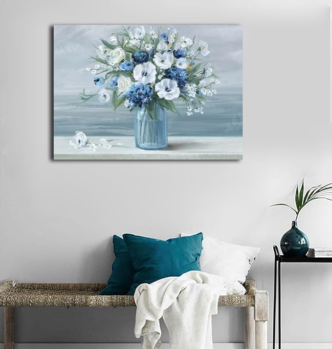 arteWOODS Vintage Flowers Canvas Wall Art Blue White Blossom Painting Retro Flowers in Vase Pictures Blue Ocean Seagull Background Artwork Prints for Bathroom Bedroom Wall Decor 28" X 20"