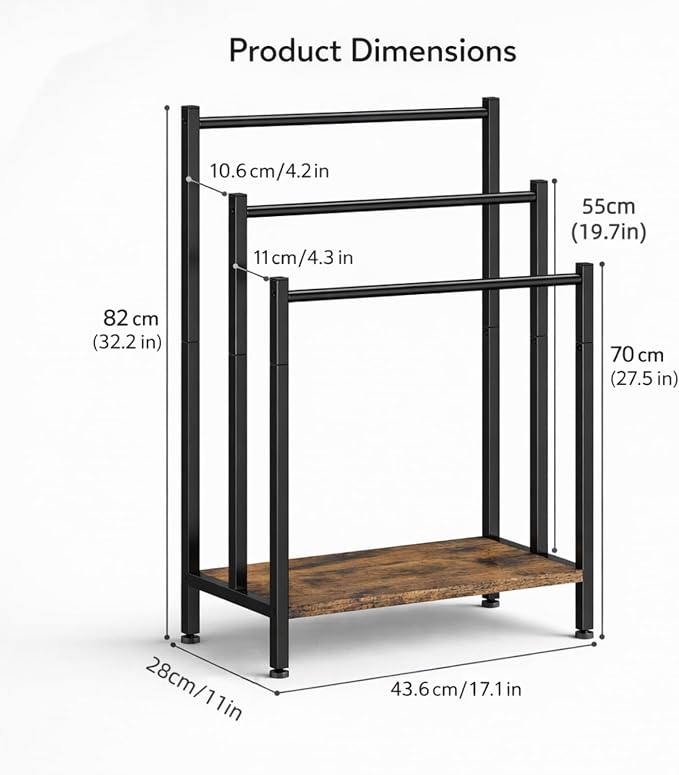 3 Tier Blanket Rack Stand, Freestanding Towel Rack with Wooden Shelf, 17.1" L x 11" W x 32" H, Quilt Display Stand for Bathroom, Bedroom, Living Room, Rustic Brown