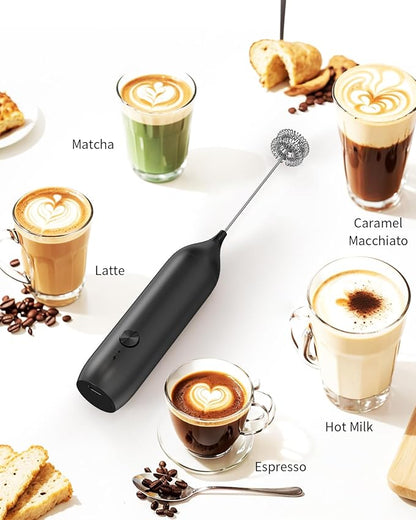 CIRCLE JOY Rechargeable Milk Frother Handheld with Stand, Double Coil Whisk Coffee Frother Wand Drink Mixer for Coffee, Cappuccino, Lattes, Frappe, Matcha and Hot Chocolate, Black