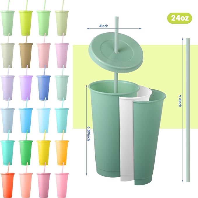 Dandat 24 Pcs Pastel Tumblers Bulk 24 oz Plastic Tumblers with Lids and Straws Reusable Skinny Cups Plastic Tumbler Bulk Colored Cups with Lids and Straws for Parties Christmas Gifts
