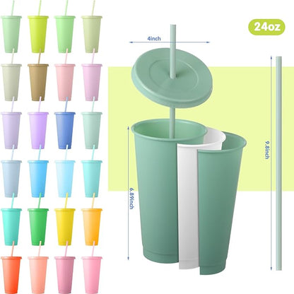 Dandat 24 Pcs Pastel Tumblers Bulk 24 oz Plastic Tumblers with Lids and Straws Reusable Skinny Cups Plastic Tumbler Bulk Colored Cups with Lids and Straws for Parties Christmas Gifts