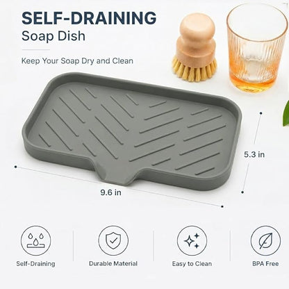 MicoYang Silicone Soap Dish with Drain Spout — Self-Draining Sink Organizer Tray for Bathroom & Kitchen, Sponges, Dispensers & Soap Holder, Non-Slip & Dishwasher Safe, Grey (Medium, 9.6"×5.3")