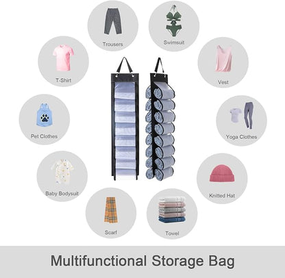 DHSFKBE Legging Organizer Storage, T-Shirt Organizer, Foldable Hanging Closet Organizer, Hanging Clothes Organizer with 16 Roll Compartments for Yoga Clothes, Shirt (Black)