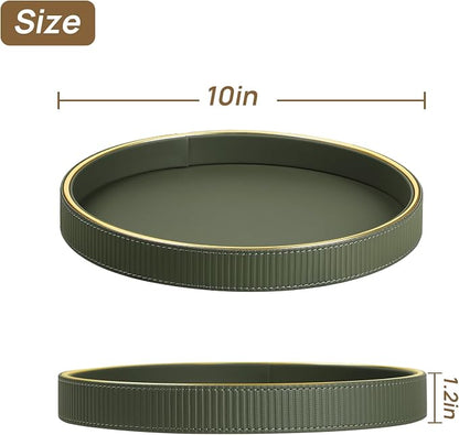 Round Decorative Tray for Coffee Table Decor, PU Leather Coffee Table Tray Golden Trim for Home Decor Living Room Dining Table, Perfume Trays Nightstand Organizer (Green)