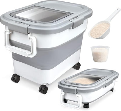 Komzon Rice Storage Container, Collapsible Airtight Food Storage Containers 20-30 Lbs, Rice Dispenser Bin with Cup and Scoop for Flour Cereal Pasta Grain, Cat Bird Pet Dog Food Storage Container