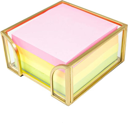 Glass Sticky Note Holder, Gold Post It Note Dispenser for Desk,3 x 3 Inch Post It Note Holder,Stylish Sticky Note Dispenser for Home Office Desk
