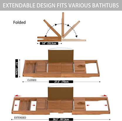 Teak Bathtub Caddy Tray for Tub, Foldable Luxury Bath Table Tray with Book and Wine Glass Holder, Expandable Bathroom Accessories for Spa or Reading