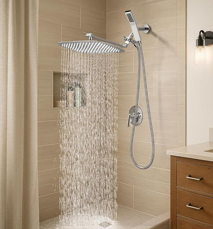 G-Promise All Metal 16 Inch Dual Square Shower Head with Handheld Spray Combo, Rain Shower Head, Adjustable Extension Arm, 3-Way Diverter, 71 Inch Extra Long Hose - A Bathroom Upgrade (Chrome)