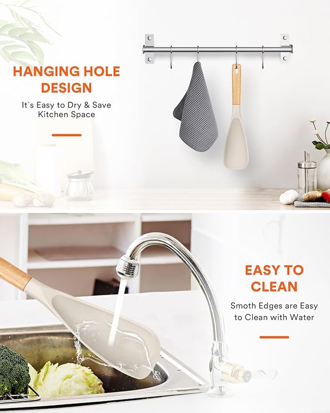Cooking Spoon for Nonstick Cookwares, Great for Cooking and Serving Sturdy BPA-Free Matte Silicone, Wood Handle Spoon for Mixing, Scoop, and Scrape (KHAKI, 11.4 inch)