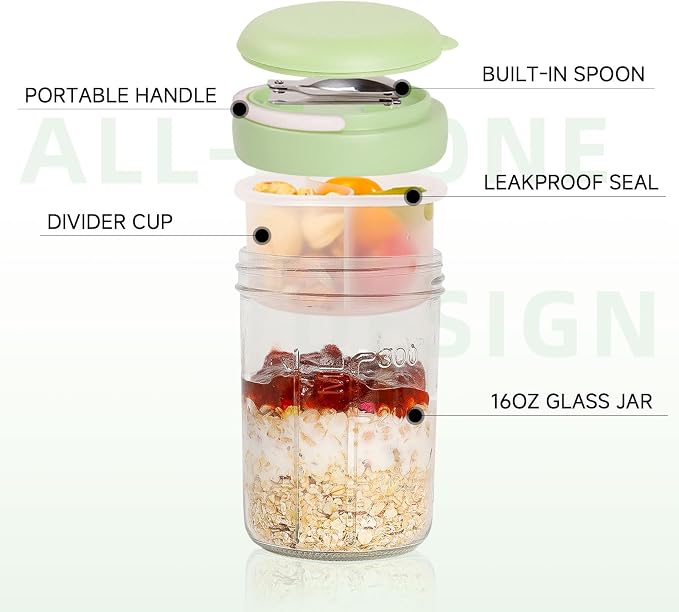Overnight Oats Containers with Handles & Lids – 16oz Glass Mason Jars with Spoons & Fruit Compartments, Meal Prep Breakfast Jars, 2 Sets (Cream, Green)