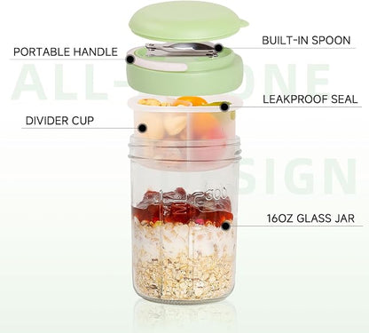 Overnight Oats Containers with Handles & Lids – 16oz Glass Mason Jars with Spoons & Fruit Compartments, Meal Prep Breakfast Jars, 2 Sets (Cream, Green)