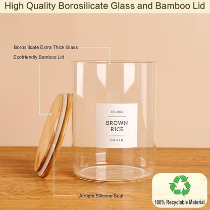3 Pcs Glass Canisters with Airtight Bamboo Lids and 42 Kitchen Pantry Labels Preprinted - Clear Glass Flour and Sugar Storage Container Set - Large Glass Jars with Wood Lids(100 OZ/54 OZ/27 OZ)