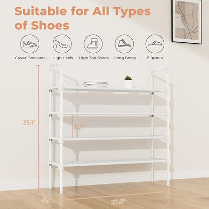 LANTEFUL 4 Tier Shoe Rack for Closet Shoe Organizer with 5 Hooks, Long Shoe Shelf Storage for Shoe and Boot Stackable Free Standing Shoe Rack for Entryway, Garage, Small Spaces, Dorm, White