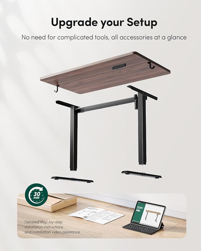 FEZIBO One-Piece Standing Desk Adjustable Height Stand up Home Office Desk, 48x24 Inch Electric Standing Computer Desk, with 4 Memory Presets, Headphone Hook, Black Walnut